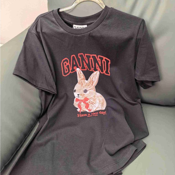 Ganni Tops - Ganni Black Tee with Red Logo and Bunny Graphic Have a Nice Day Tee